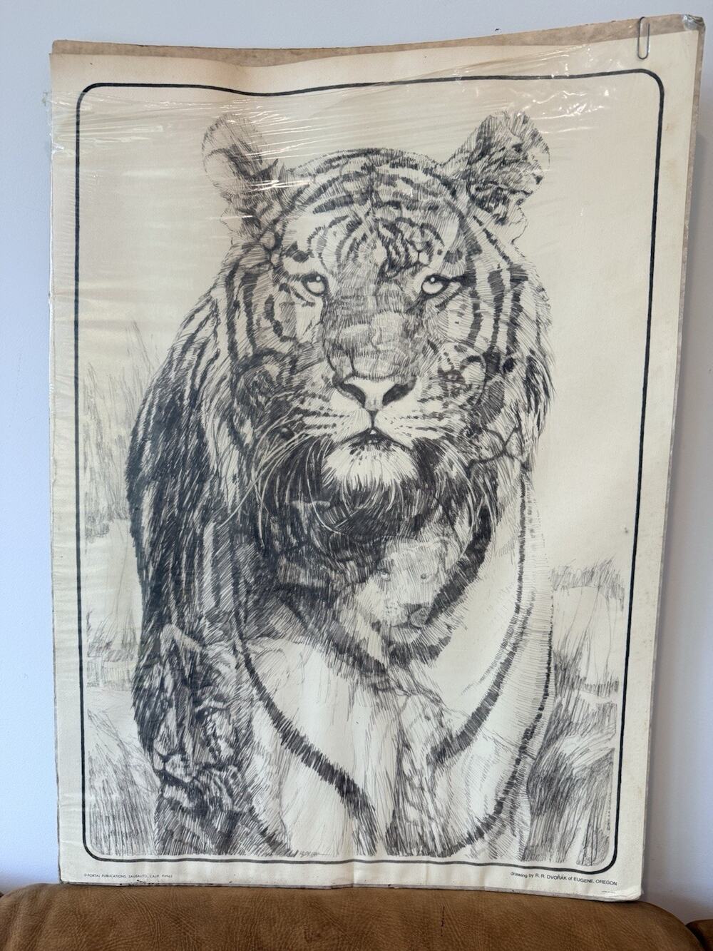 Vintage 70s Robert Dvorak Signed Tiger Pencil Drawing Illusory Animals Art 21x29